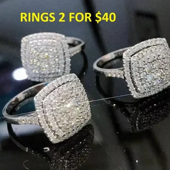 CURVED SQUARE SILVER DIAMOND BRIDAL RING - Picture 4 of 5